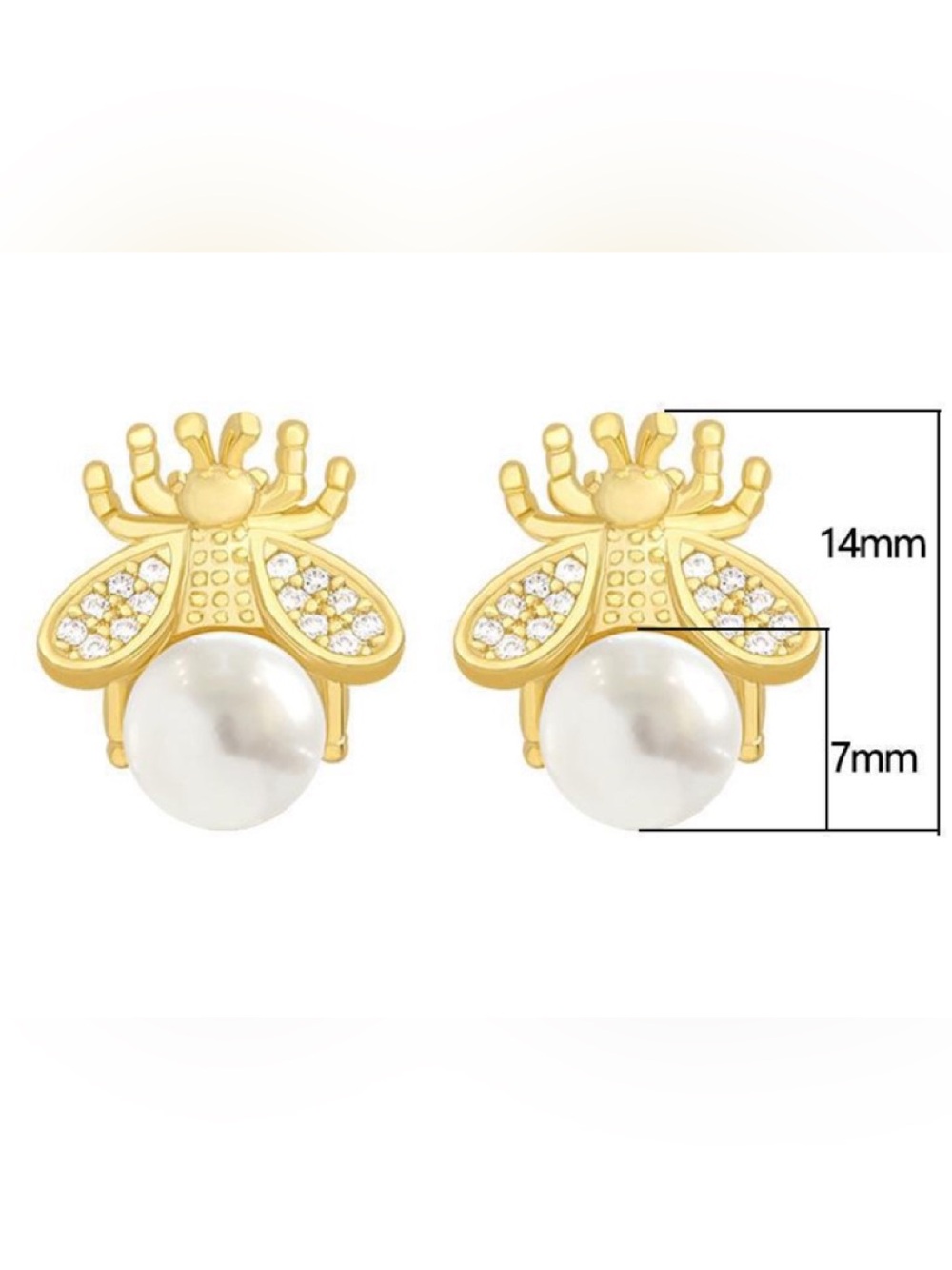 Gold Tone Bee Pearl Earrings - Picture 2 of 8